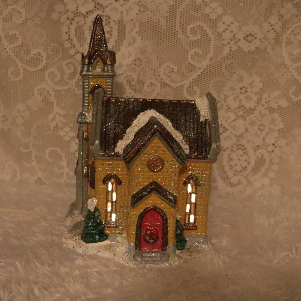 Christmas Village church handpainted ceramic *lighted cord is NOT included*